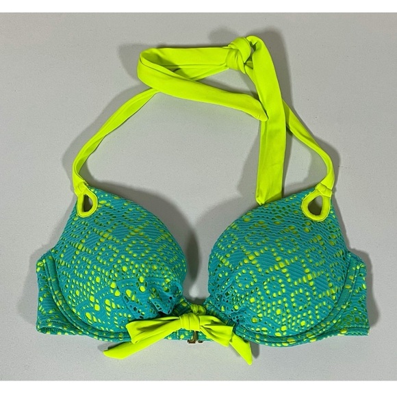 Victoria's Secret Lime Green Blue Lace Push-Up Bikini Top Swimwear